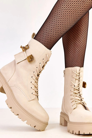 Zandkleurige dames trekking schoenen versierd met een gouden teddybeer Valery 2