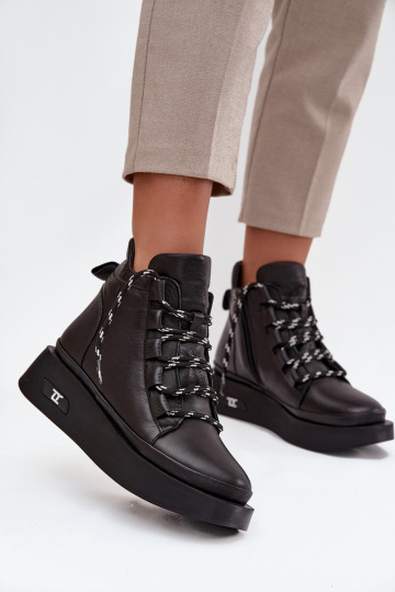 Leren dames enkellaarsjes met platform, gevoerd, Artiker 55C0809 zwarte kleur