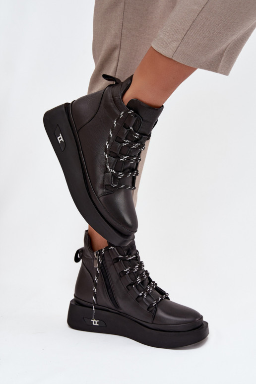 Leren dames enkellaarsjes met platform, gevoerd, Artiker 55C0809 zwarte kleur