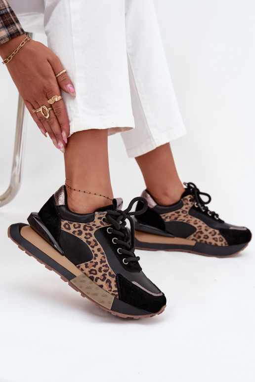 Leren dames sneakers in sportieve stijl met platform en luipaardprint Artiker 55C0134 zwarte kleur