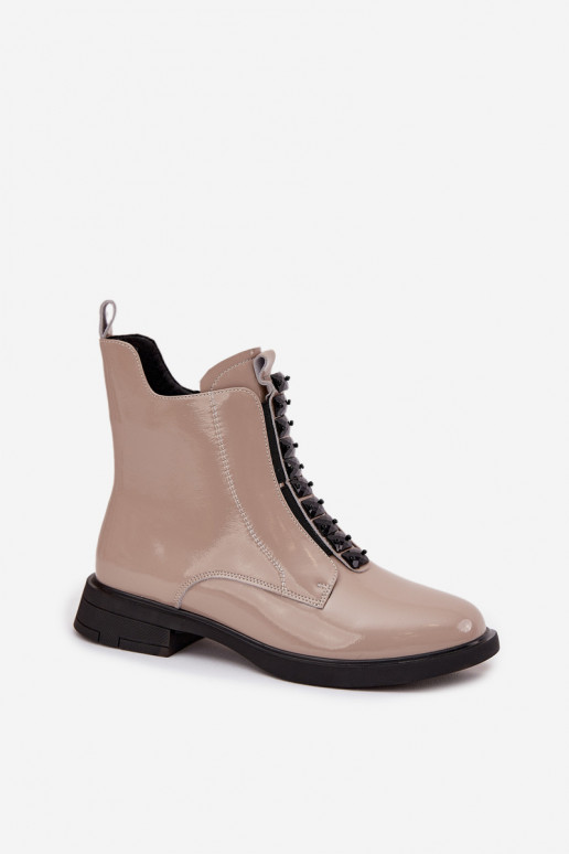 Damen Stiefeletten aus echtem Leder mit Lackeffekt D&A MR52-108 sandfarben