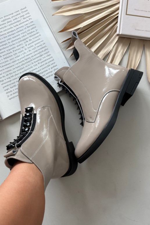 Bottines en cuir naturel effet laqué pour femmes D&A MR52-108 couleur sable