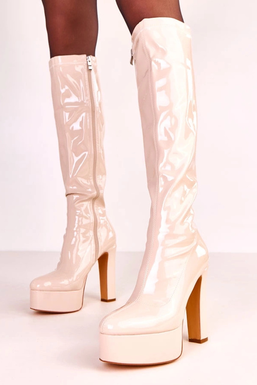 Beige Lack-High-Heel-Stiefel Ronnie