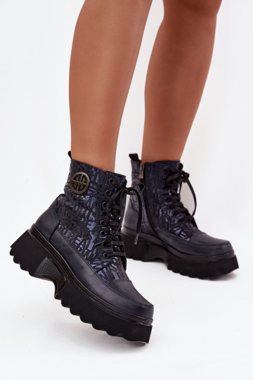 Leren dameslaarzen met platform en decoratieve details Artiker 57C2271 donkerblauw