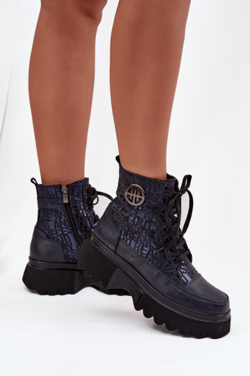 Leren dameslaarzen met platform en decoratieve details Artiker 57C2271 donkerblauw 2