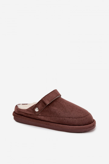 Chocolade kleurige dames slippers met bandjes, gevoerd met bont Rilena 2