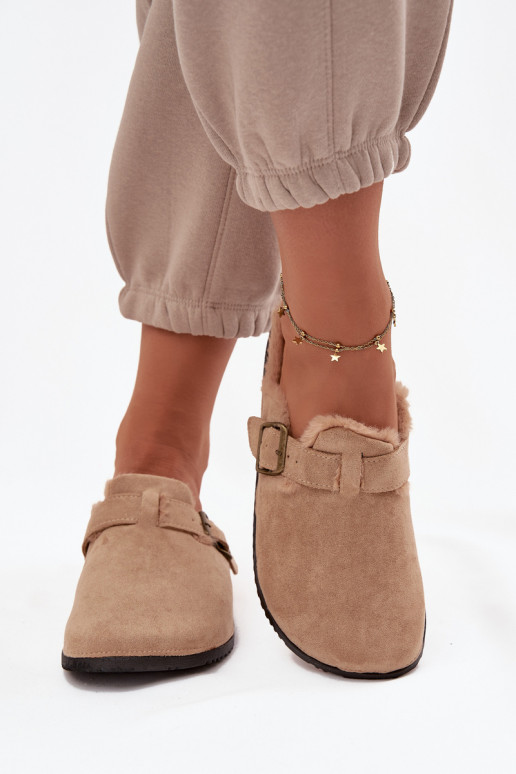 Slippers Klompen Dames opInarmen met bont erin met gespen beige Sylisse Slippers Klompen Dames opInarmen met bont erin met gespen beige Sylisse