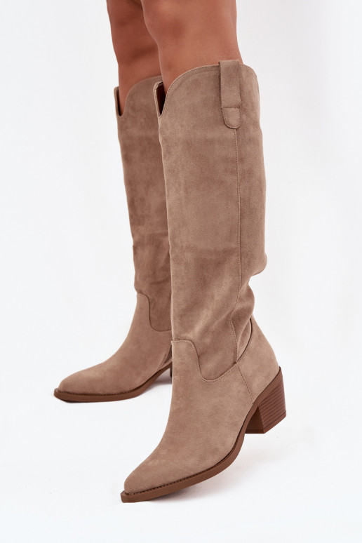 laarzen coInboystijl Dames met hakkenvan eco-suèdeu beige Esmira laarzen coInboystijl Dames met hakkenvan eco-suèdeu beige Esmira