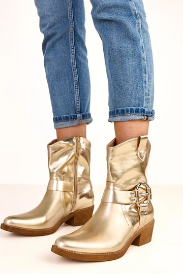Gouden cowboylaarzen met hak en decoratieve gesp Cedisa