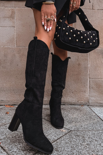 Bottes hautes pour femmes avec talons en daim synthétique noir Prisca 2