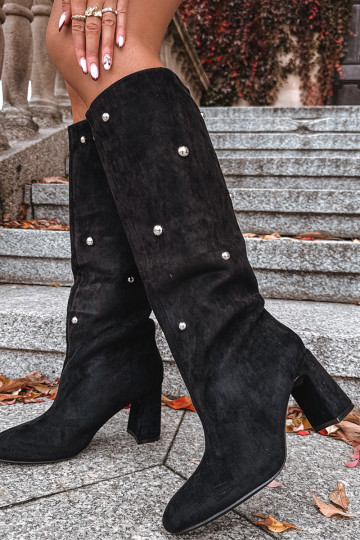 Bottes hautes chaudes pour femmes avec talons et détails décoratifs noir Lucinda