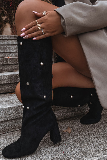 Bottes hautes chaudes pour femmes avec talons et détails décoratifs noir Lucinda 2