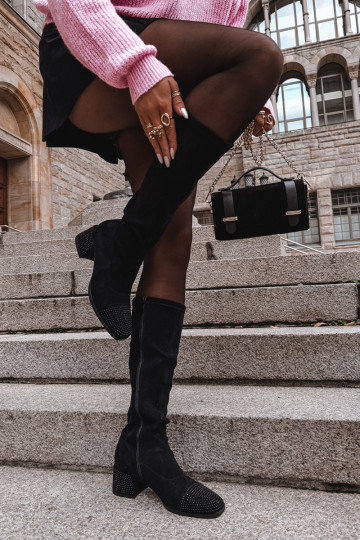 Bottes longues pour femmes avec décoration Klocke en daim synthétique, couleur noire Ivanna