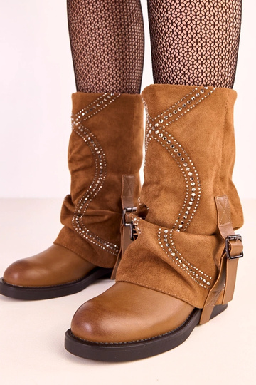 Braune Stiefel mit umgeschlagenem Schaft, verziert mit Zirkonia Ginny