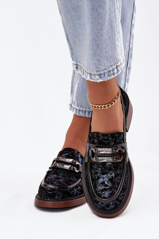 Peau Mocassins en daim Féminin Avec des décorations Detalem D&A MR52-178 couleur noire