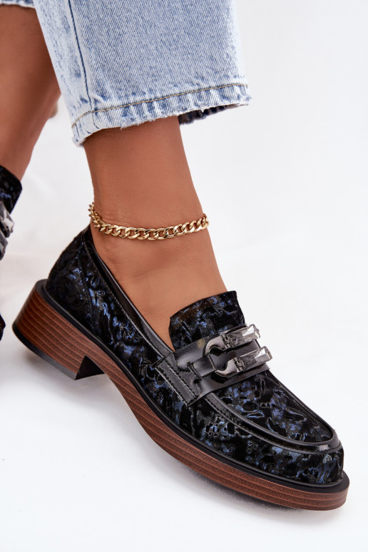 Peau Mocassins en daim Féminin Avec des décorations Detalem D&A MR52-178 couleur noire