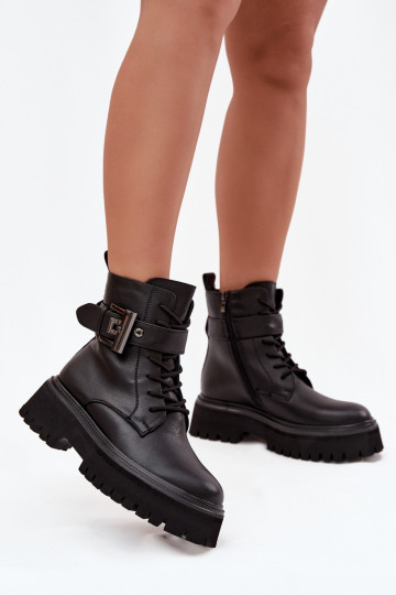 Warme Damen Arbeitsknöchelstiefel aus Kunstleder, dekoriert mit Schnallen D&A MK52-032 schwarz 2