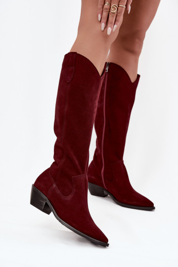 Lange laarzen in cowboystijl van kunstsuède warm Zazoo 4225 bordeaux kleur