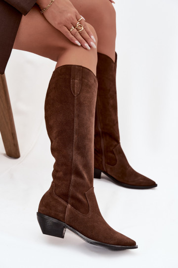 Lange laarzen in cowboystijl van kunstsuède warm Zazoo 4225 bruine kleur