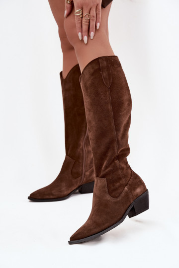 Lange laarzen in cowboystijl van kunstsuède warm Zazoo 4225 bruine kleur 2