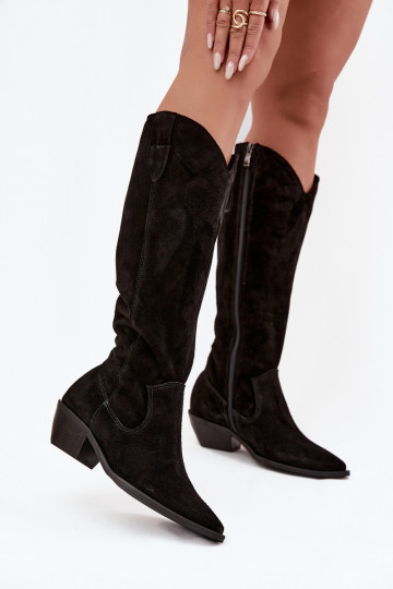 Lange laarzen in cowboystijl van kunstsuède warm Zazoo 4225 zwarte kleur 2