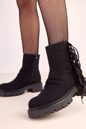 Bottes Silia en cuir noir avec franges sur épaisse semelle 2