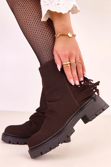 Bottes Silia en cuir chocolat avec franges sur épaisse semelle
