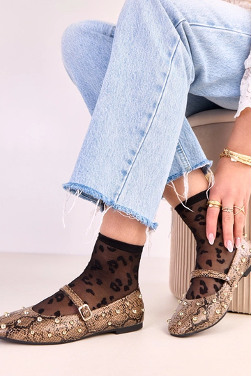 Bruine Selena ballerina's met slangenleer motief, versierd met parels