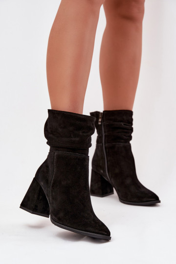 Schwarze warme Kunstwildleder Stiefeletten mit Rüschen und Absätzen Zazoo 4216 2