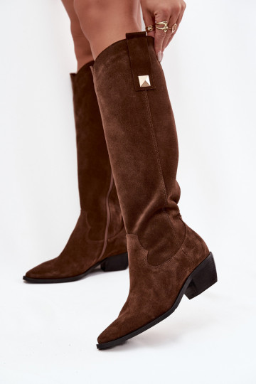 Chocoladekleurige warme cowboystijl lange laarzen van kunstleer Zazoo 4224 2