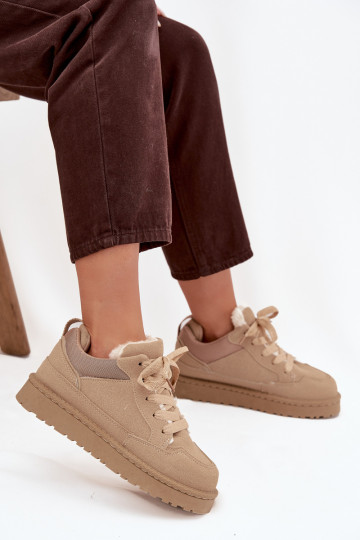 Zandkleurige warme dames sneakers met voering van bont Cyrissa