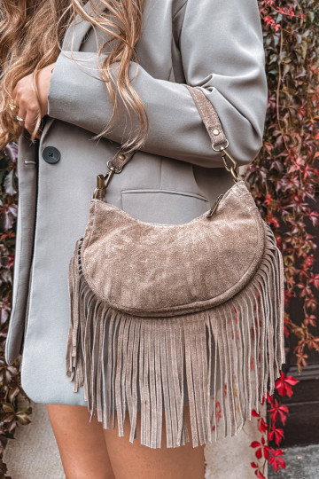 Sac en suédine sable foncé avec franges Aurelisse