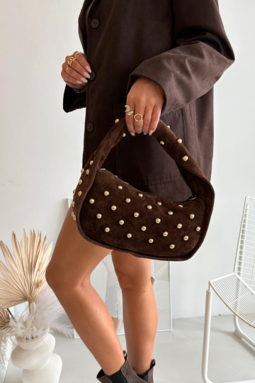 Natuurlijke suede chocolade handtas met decoratie Julisse 2