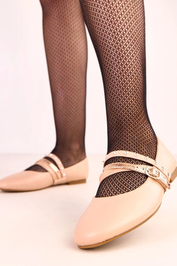 Zandkleurige ballerina's met decoratieve bandjes Vika 2
