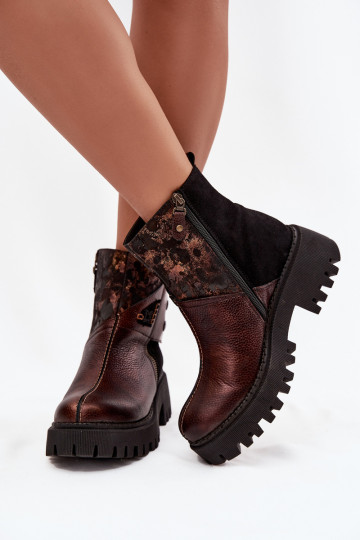 Wärmende Lederstiefel mit Plateau, flach, Tai turiciejka 06140-02 in Braun