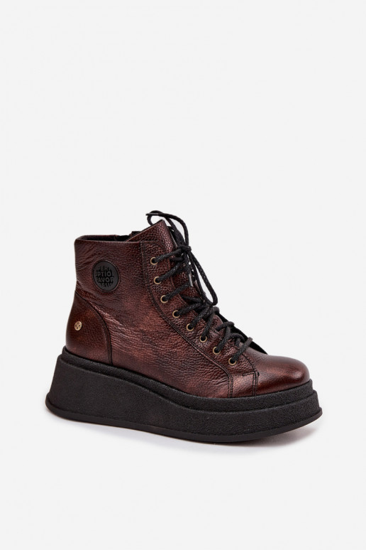 Leer Laarzen met platform Het heeftciejka 06309-32 metallic kleuren Brąz