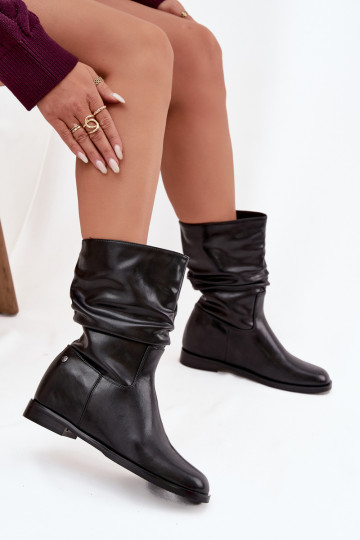 Zwarte leren damesankle boots met rimpels, gevoerd Tai turiciejka K7211-01