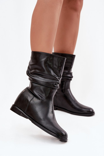 Zwarte leren damesankle boots met rimpels, gevoerd Tai turiciejka K7211-01 2