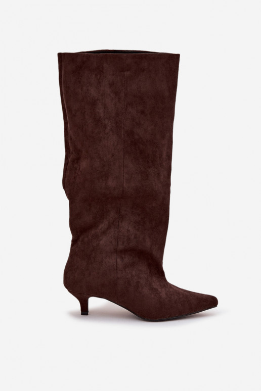 Bottes longues pour femmes avec talons en daim synthétique, couleur chocolat Pheona