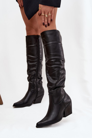 Lange laarzen in cowboystijl met hakken, plooien, gevoerd, zwart Rosvian 2