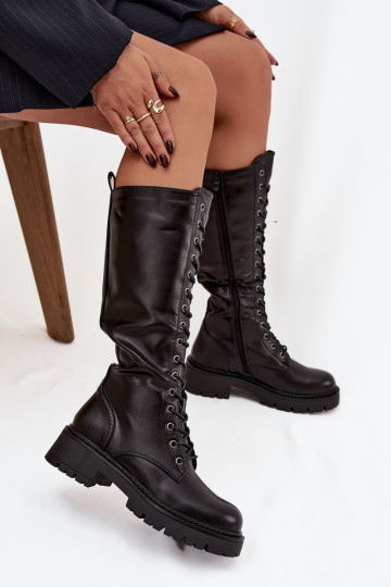 Bottes longues en cuir isolées pour femmes avec lacets couleur noire Novissa