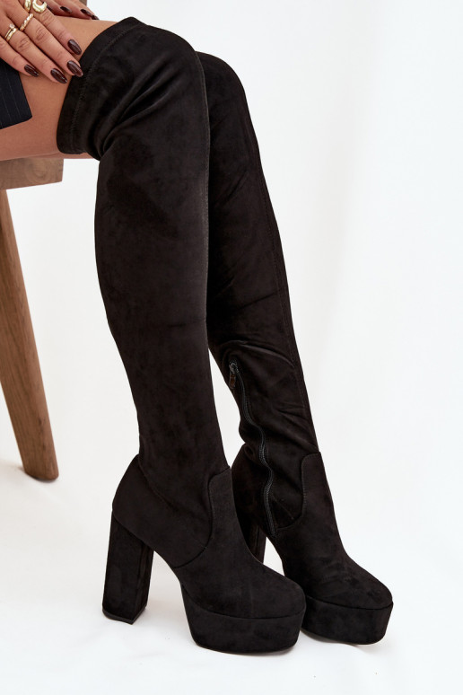 bottes avec des talons et plateforme au-dessus du genou en daim écologiqueoÀe couleur noire Amareen