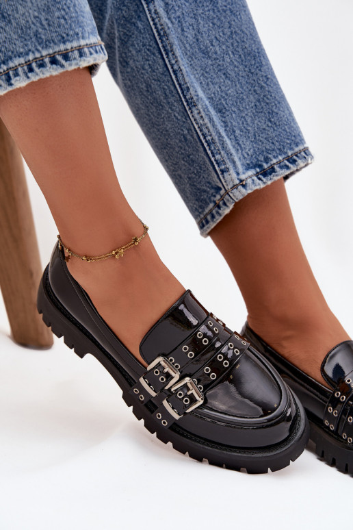 dames mocassins met lakeffect Met Strepen I zilvere kleurmi met gespenmi zInart Gabrisse