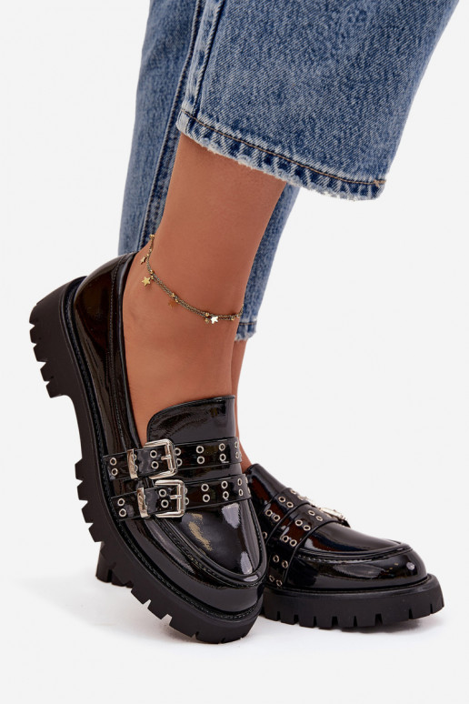 mocassins pour femmes avec effet vernis avec des bandes I couleur argentmi avec bouclesmi couleur noire Gabrisse