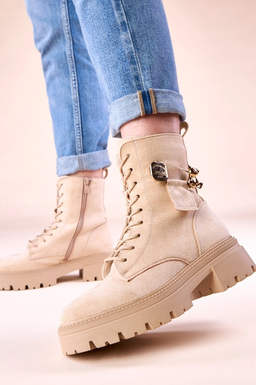 Beige damescargobroek met gouden...