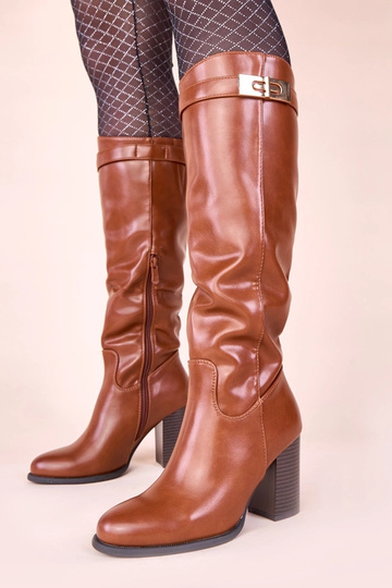 Bottines marron hautes sur talon avec ornement doré Tessa