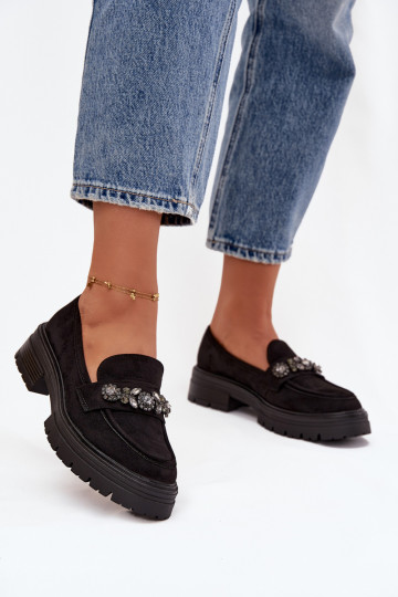 mocassins pour femmes aux yeux brillants en daim écologiqueoÀe couleur noire Lavisse