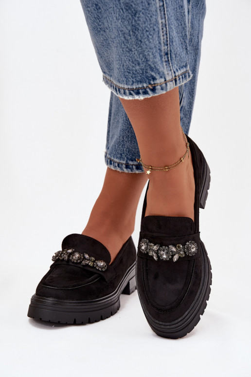 mocassins pour femmes aux yeux brillants en daim écologiqueoÀe couleur noire Lavisse