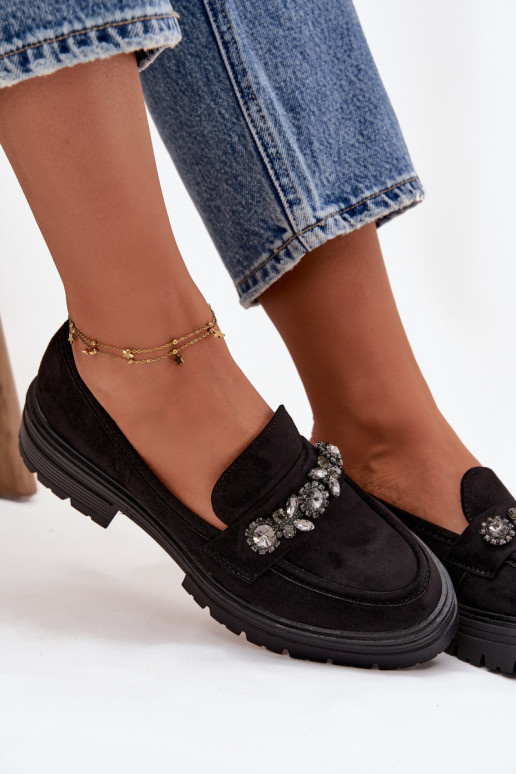 mocassins pour femmes aux yeux brillants en daim écologiqueoÀe couleur noire Lavisse