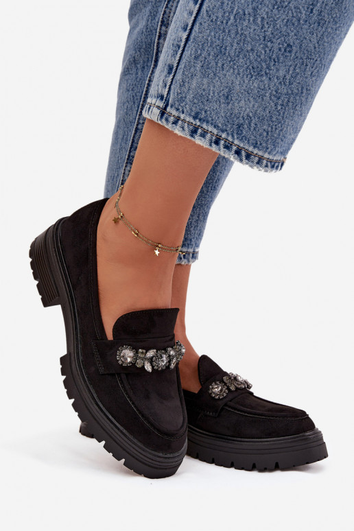 mocassins pour femmes aux yeux brillants en daim écologiqueoÀe couleur noire Lavisse